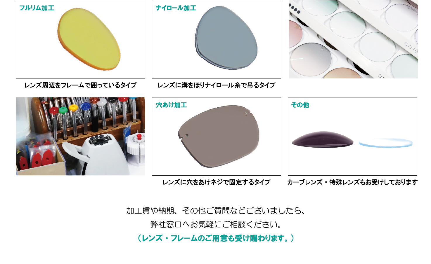 レンズ枠入れ加工 - 加工の種類（フルリム・ナイロール・穴あけ・その他）